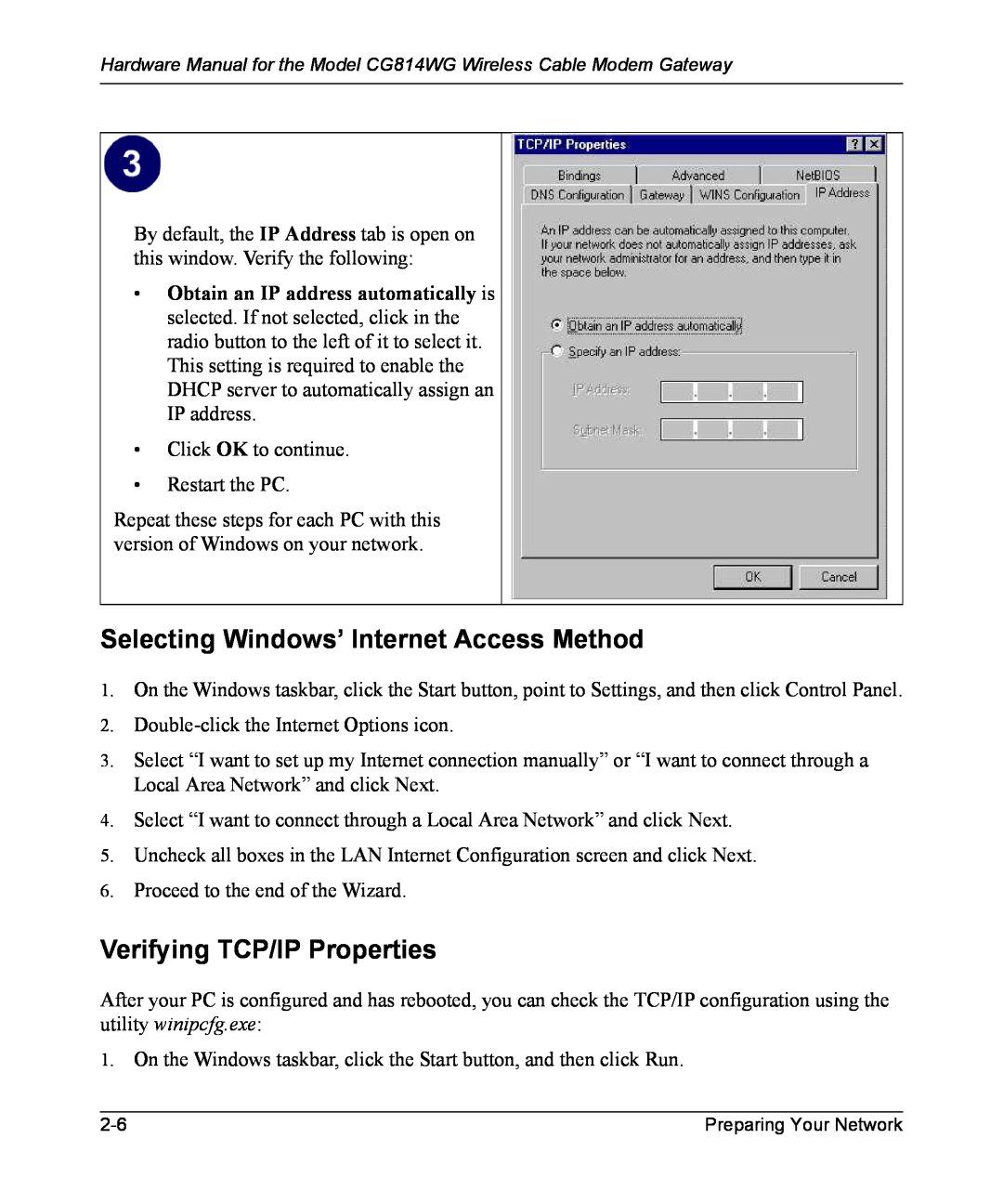 NETGEAR CG814WG manual Selecting Windows’ Internet Access Method, Verifying TCP/IP Properties 