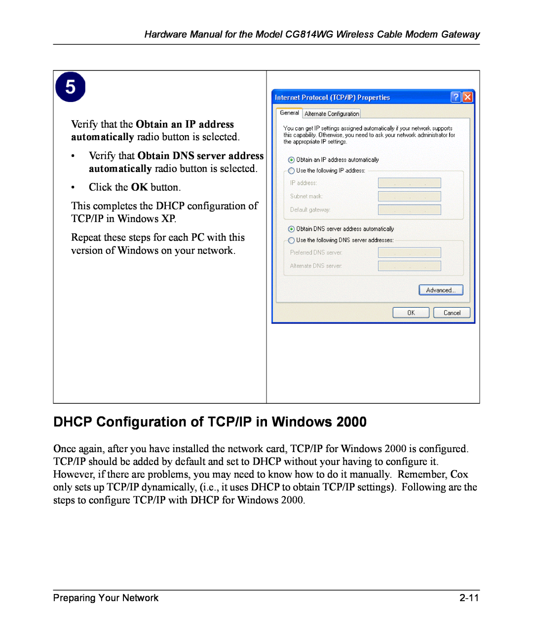 NETGEAR CG814WG manual DHCP Configuration of TCP/IP in Windows, Verify that the Obtain an IP address 