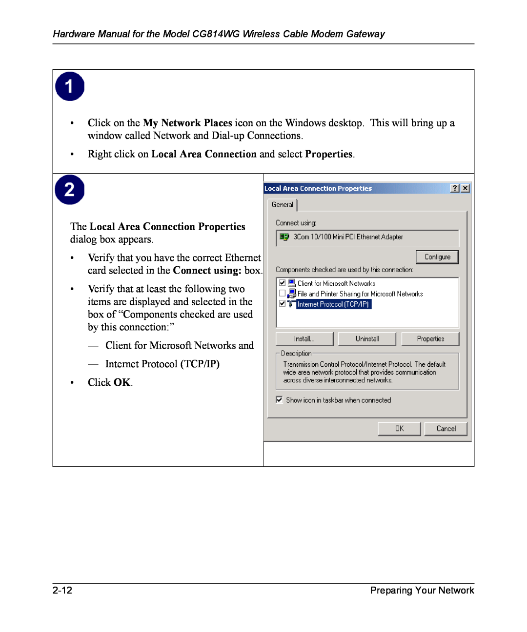 NETGEAR CG814WG manual Right click on Local Area Connection and select Properties 