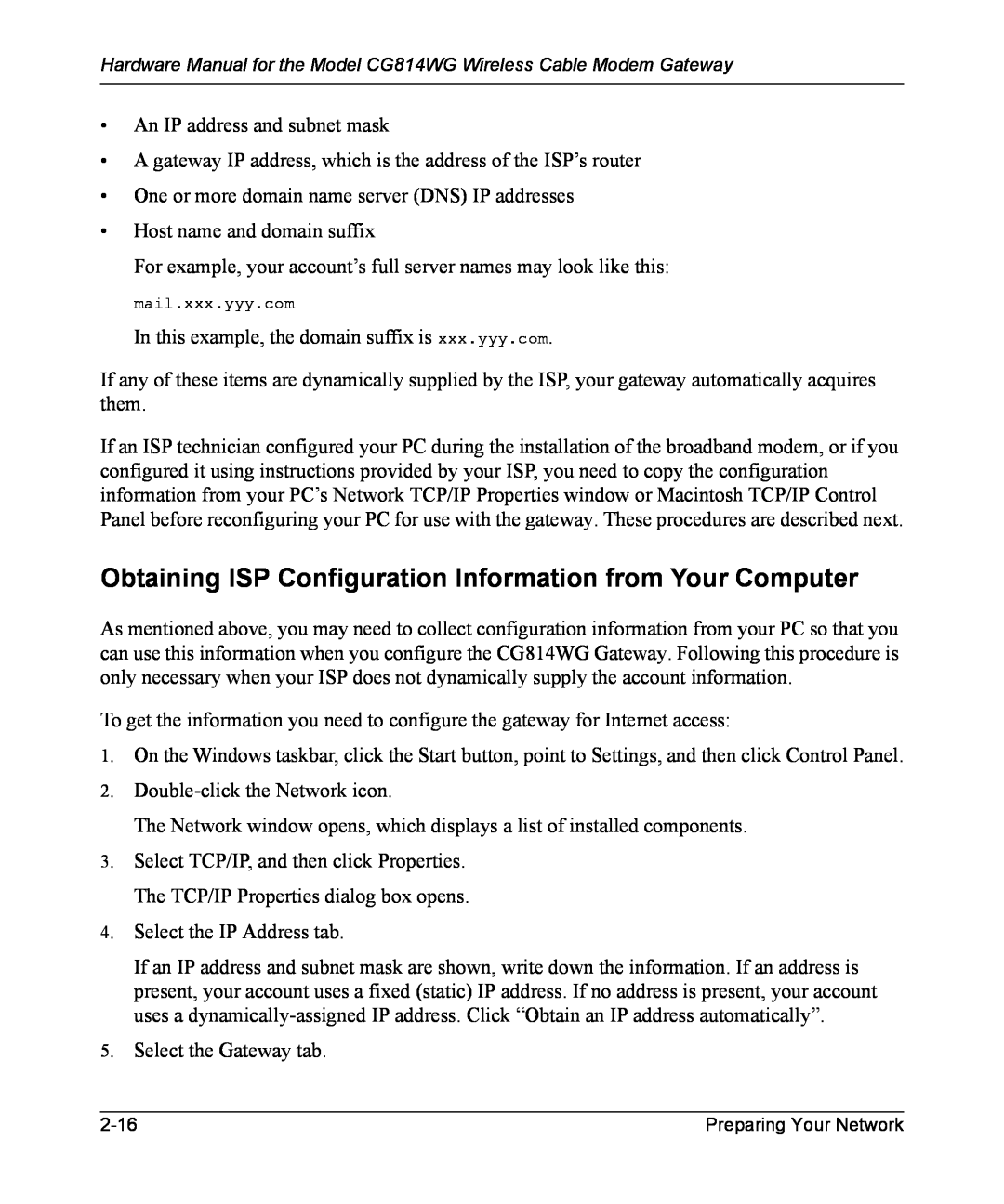 NETGEAR CG814WG manual Obtaining ISP Configuration Information from Your Computer, mail.xxx.yyy.com 