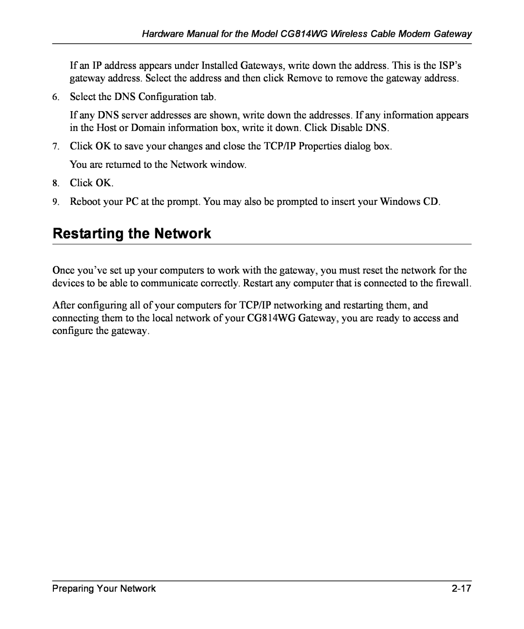NETGEAR CG814WG manual Restarting the Network 