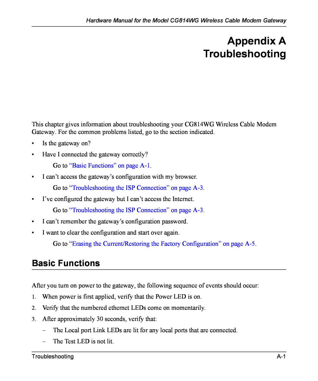 NETGEAR CG814WG manual Appendix A Troubleshooting, Basic Functions 