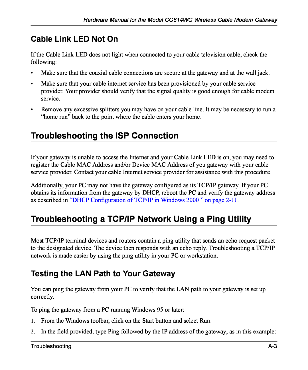 NETGEAR CG814WG manual Troubleshooting the ISP Connection, Troubleshooting a TCP/IP Network Using a Ping Utility 