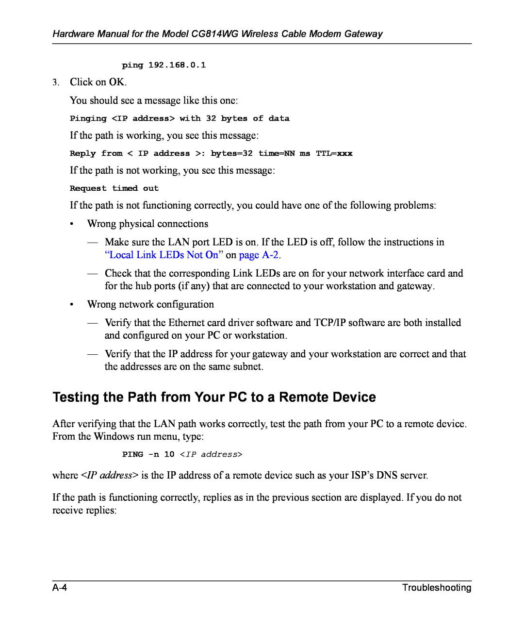 NETGEAR CG814WG manual Testing the Path from Your PC to a Remote Device 