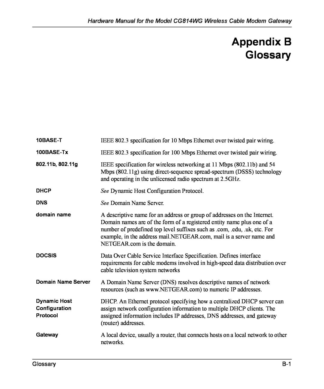 NETGEAR manual Appendix B Glossary, Hardware Manual for the Model CG814WG Wireless Cable Modem Gateway 