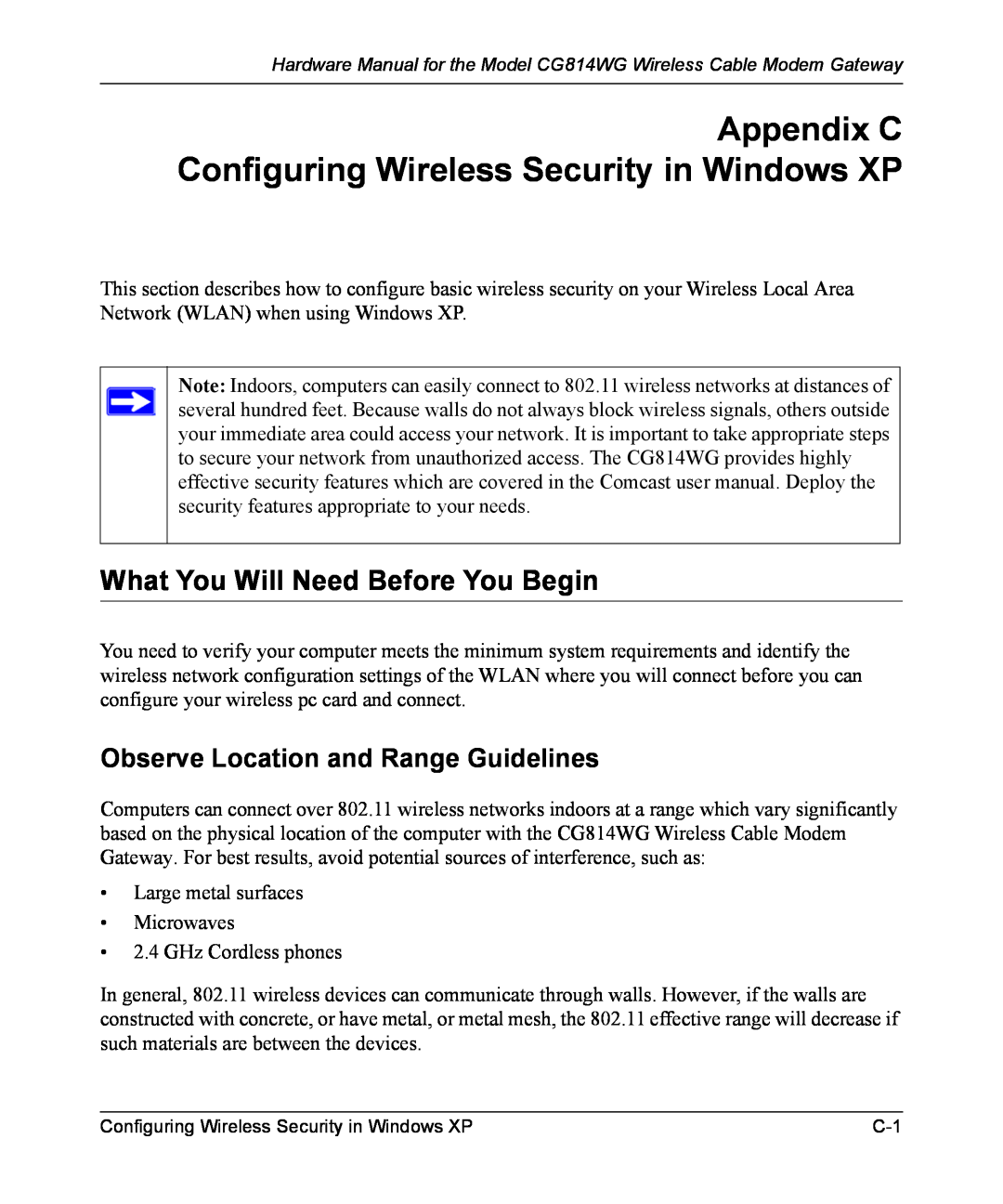 NETGEAR CG814WG manual Appendix C Configuring Wireless Security in Windows XP, What You Will Need Before You Begin 