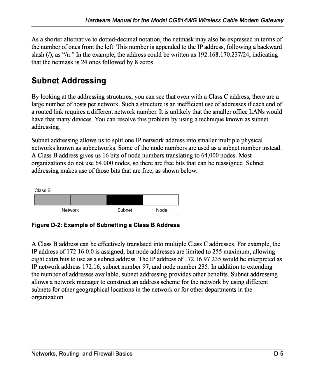 NETGEAR CG814WG manual Subnet Addressing, Figure D-2 Example of Subnetting a Class B Address 
