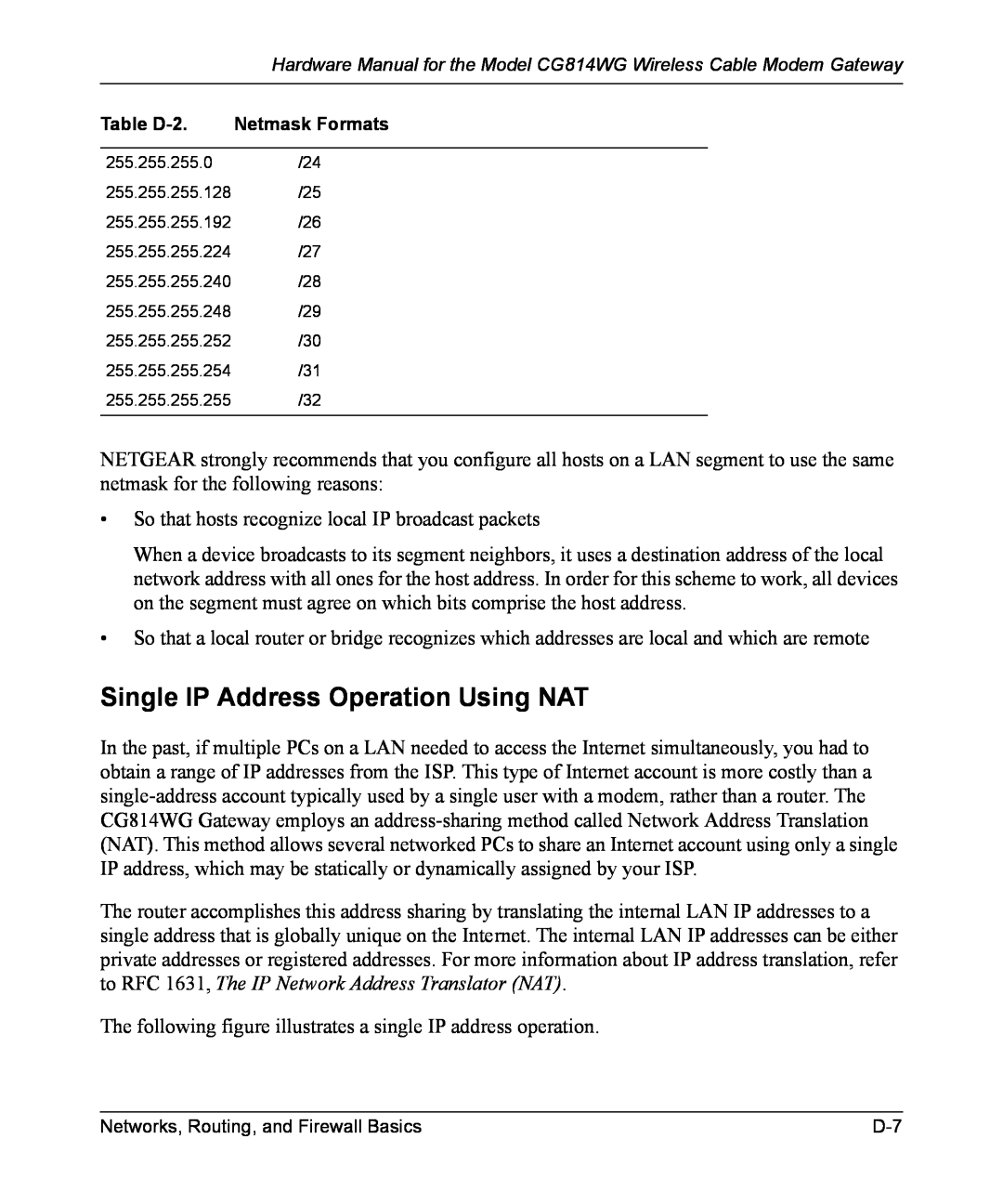 NETGEAR CG814WG manual Single IP Address Operation Using NAT 