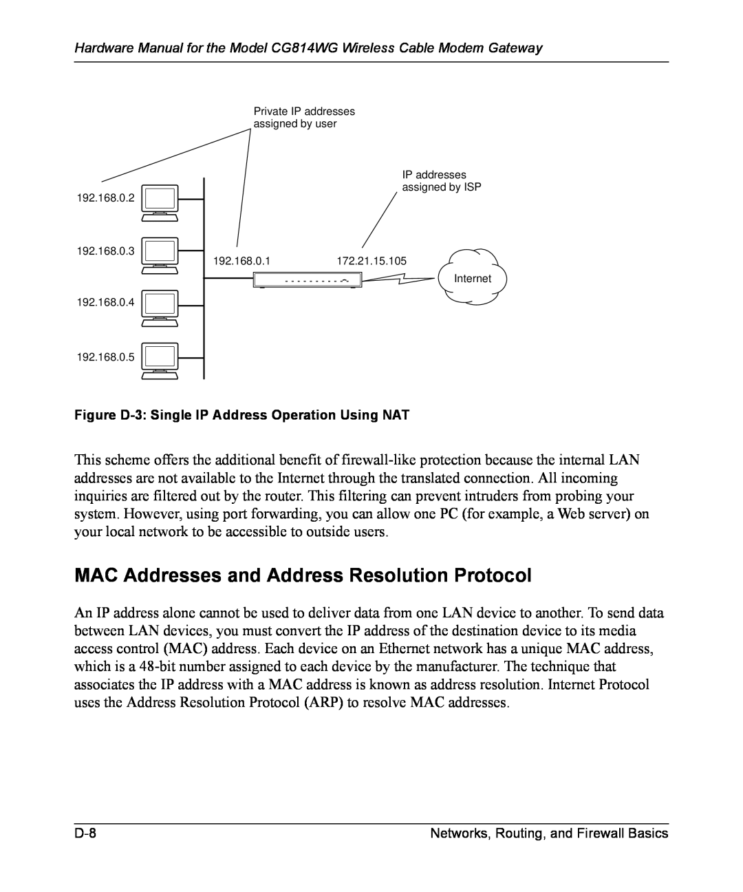 NETGEAR CG814WG manual MAC Addresses and Address Resolution Protocol, Figure D-3 Single IP Address Operation Using NAT 