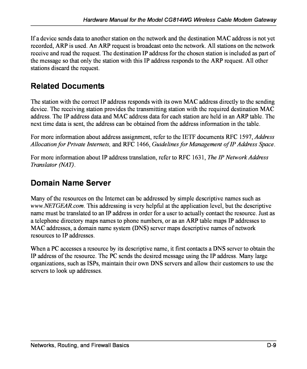 NETGEAR CG814WG manual Related Documents, Domain Name Server 