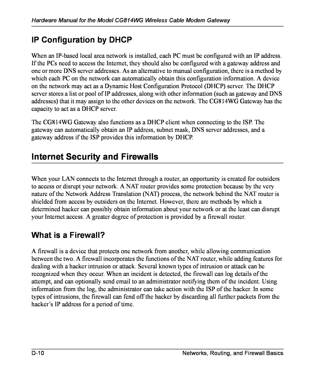 NETGEAR CG814WG manual Internet Security and Firewalls, IP Configuration by DHCP, What is a Firewall? 