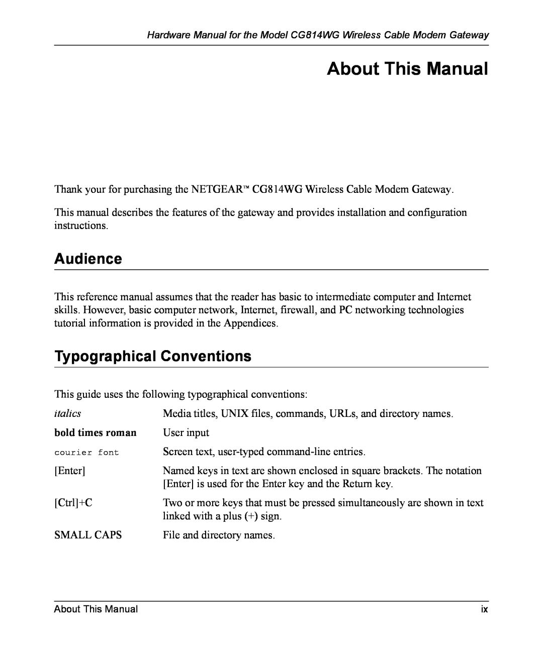 NETGEAR CG814WG manual About This Manual, Audience, Typographical Conventions, bold times roman 