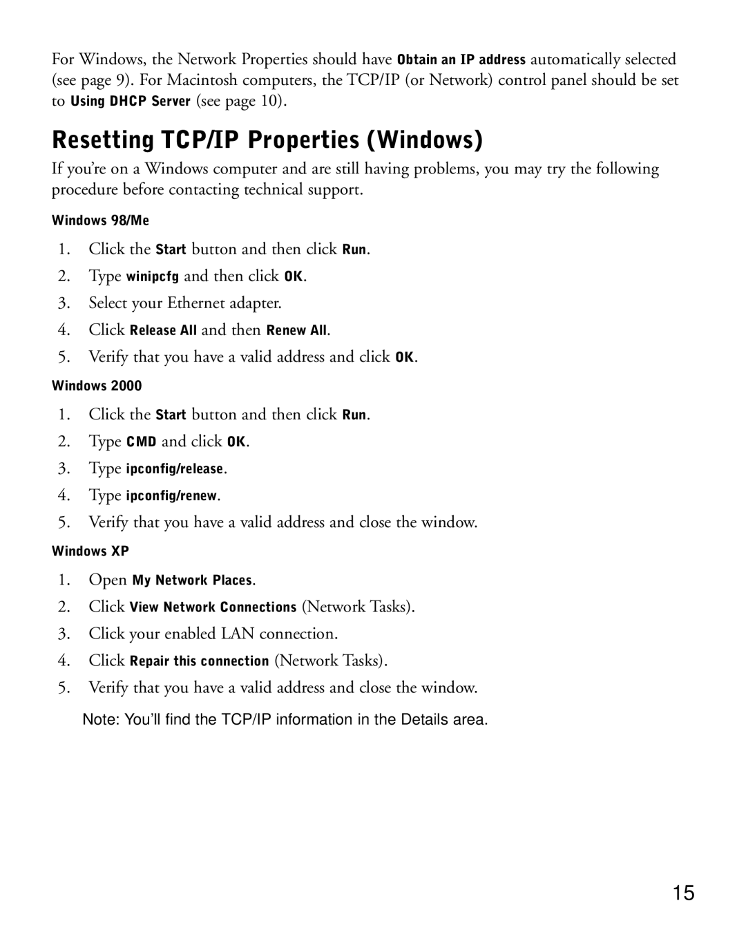 NETGEAR CM212 manual Resetting TCP/IP Properties Windows 