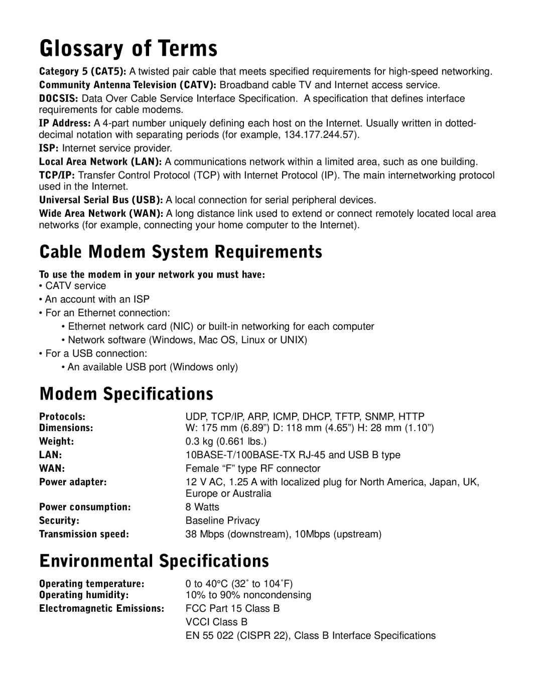 NETGEAR CM212 manual Glossary of Terms, Cable Modem System Requirements, Modem Specifications, Environmental Specifications 