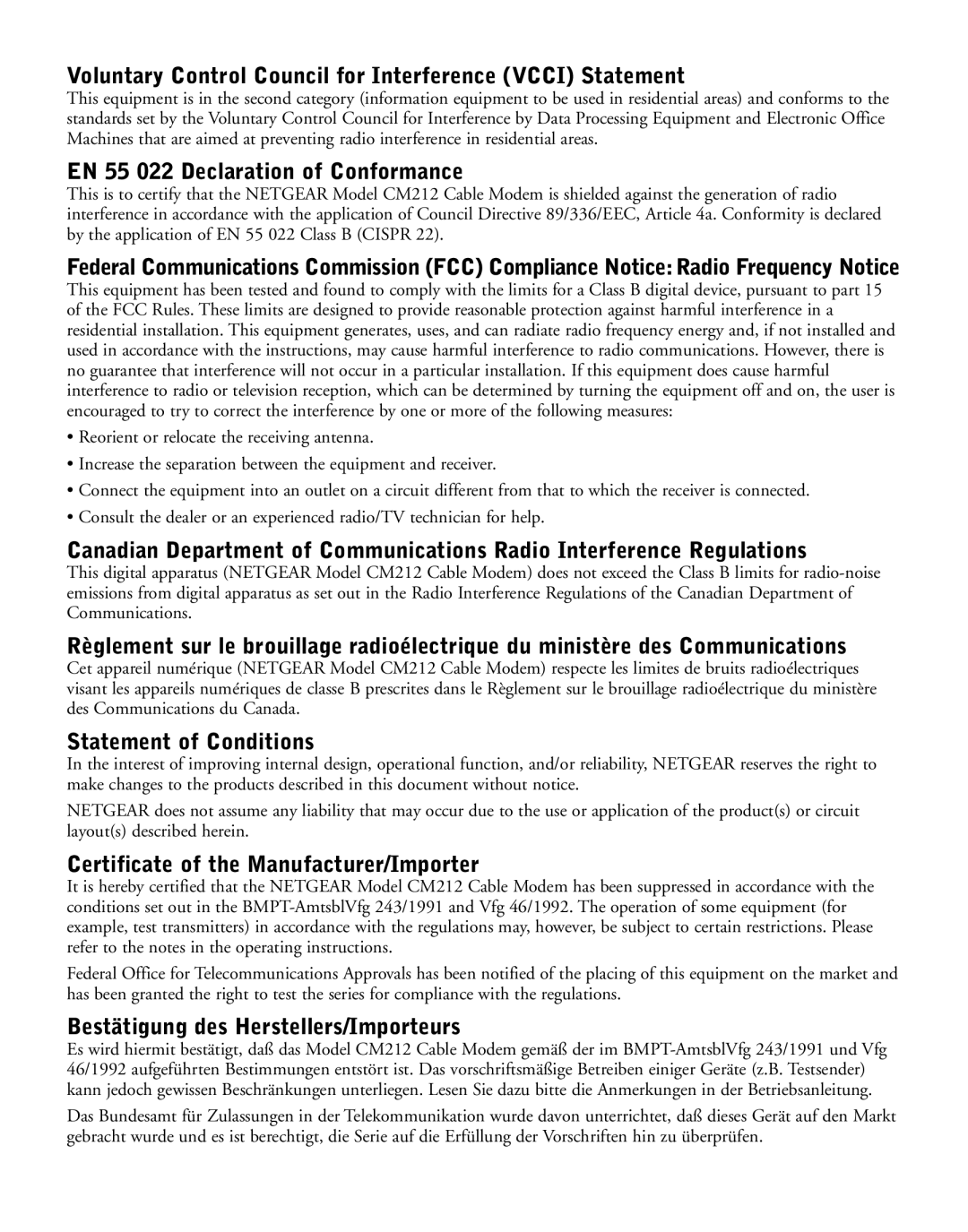 NETGEAR CM212 manual Voluntary Control Council for Interference Vcci Statement 