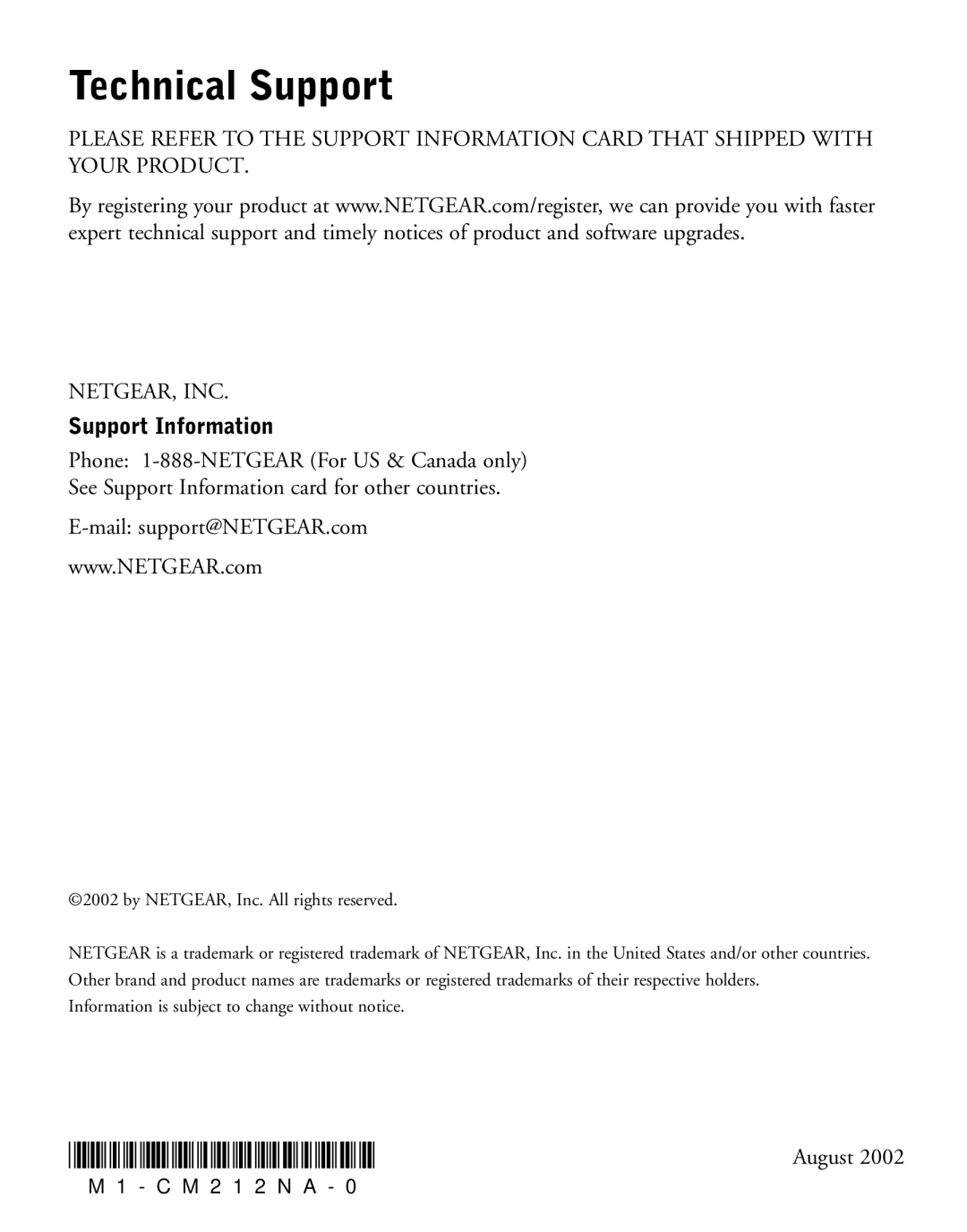 NETGEAR CM212 manual Technical Support, Support Information 