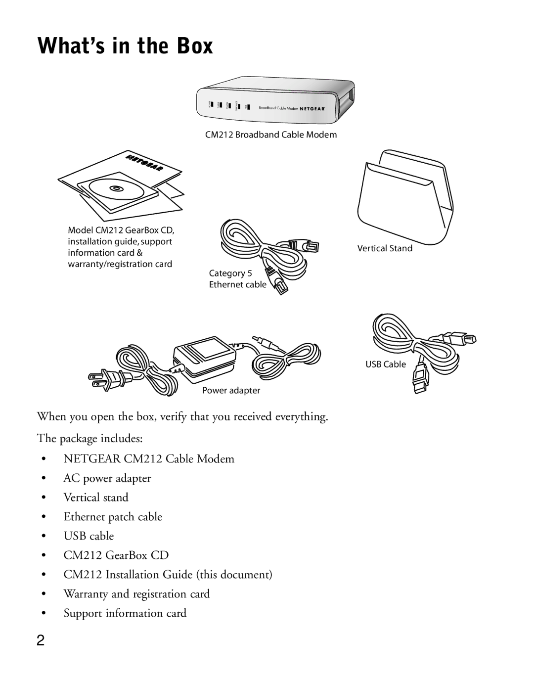 NETGEAR manual What’s in the Box, CM212 Broadband Cable Modem 