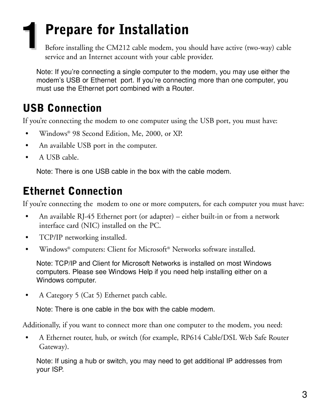 NETGEAR CM212 manual 1Prepare for Installation, USB Connection, Ethernet Connection 