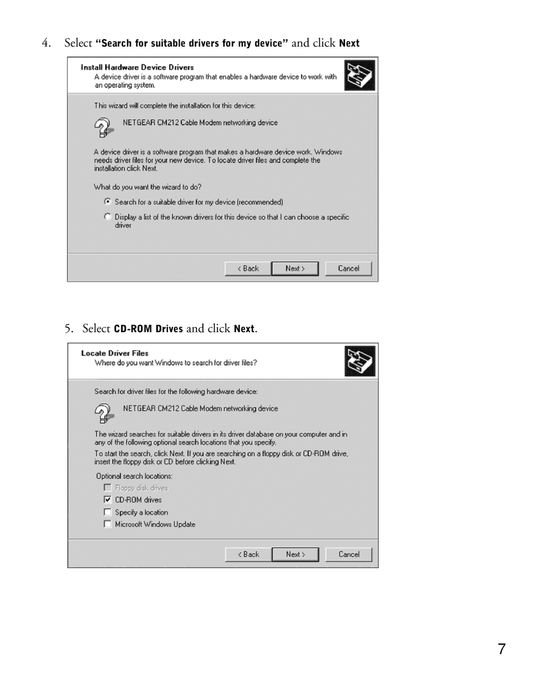 NETGEAR CM212 manual Select CD-ROM Drives and click Next 