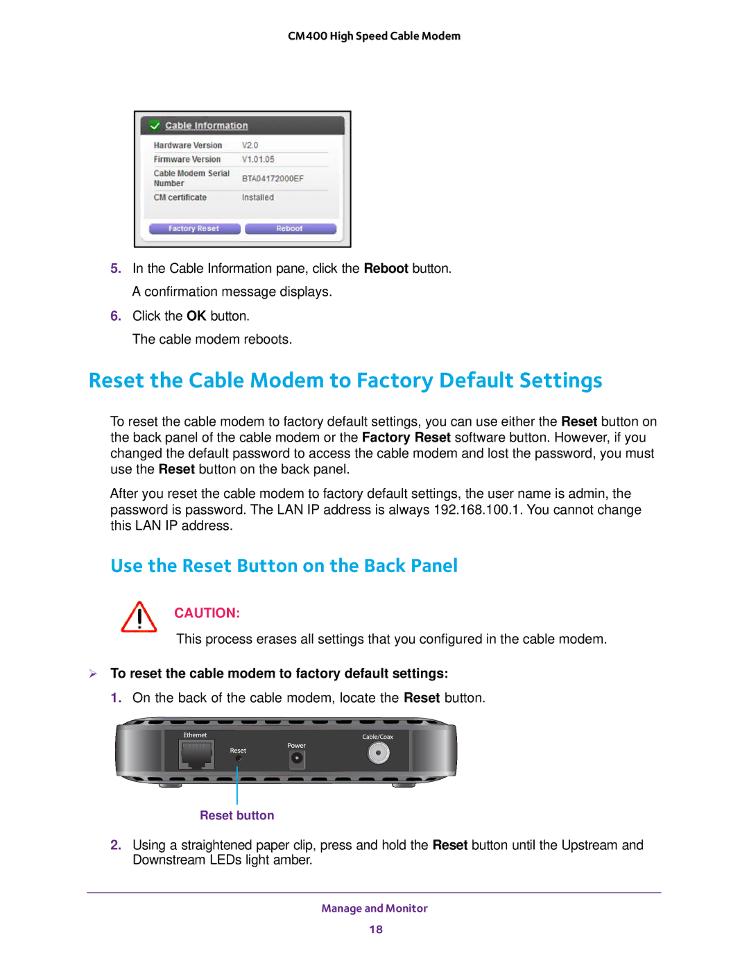 NETGEAR CM400 Reset the Cable Modem to Factory Default Settings,  To reset the cable modem to factory default settings 