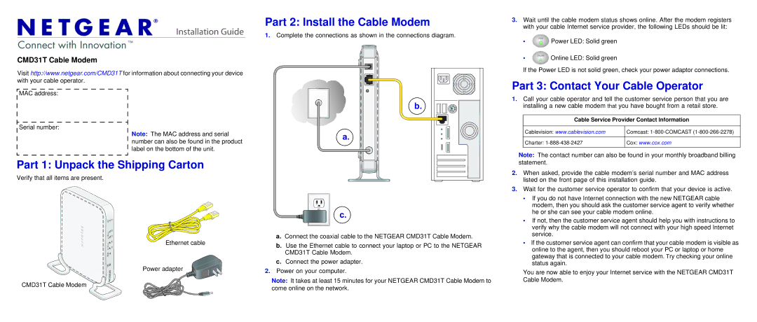 NETGEAR CMD31T-100NAS manual Part 1 Unpack the Shipping Carton, Part 2 Install the Cable Modem 