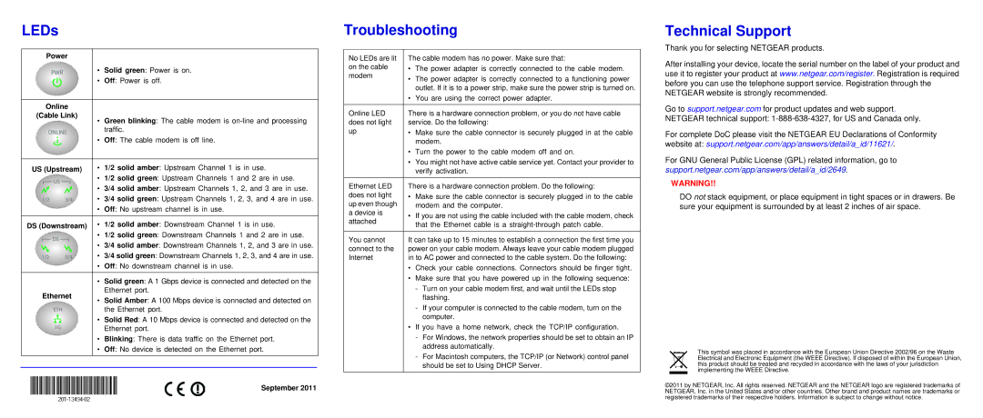 NETGEAR CMD31T-100NAS manual LEDs, Troubleshooting, Technical Support 