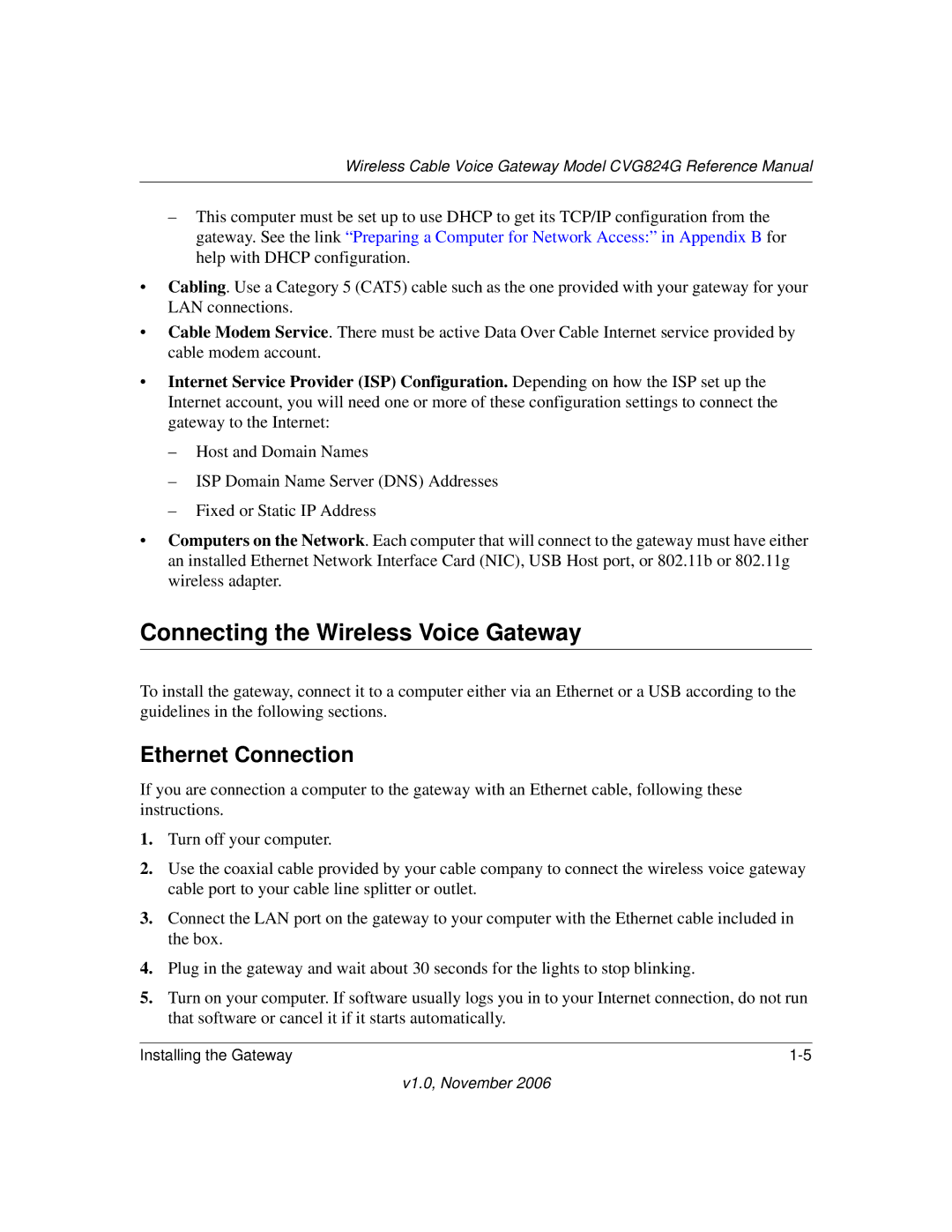 NETGEAR CVG824G manual Connecting the Wireless Voice Gateway, Ethernet Connection 