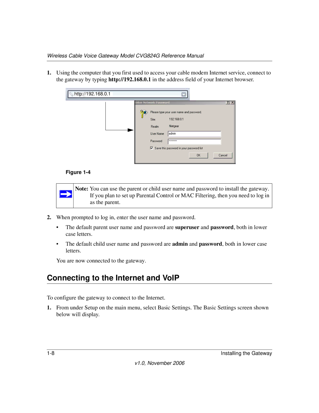 NETGEAR CVG824G manual Connecting to the Internet and VoIP 