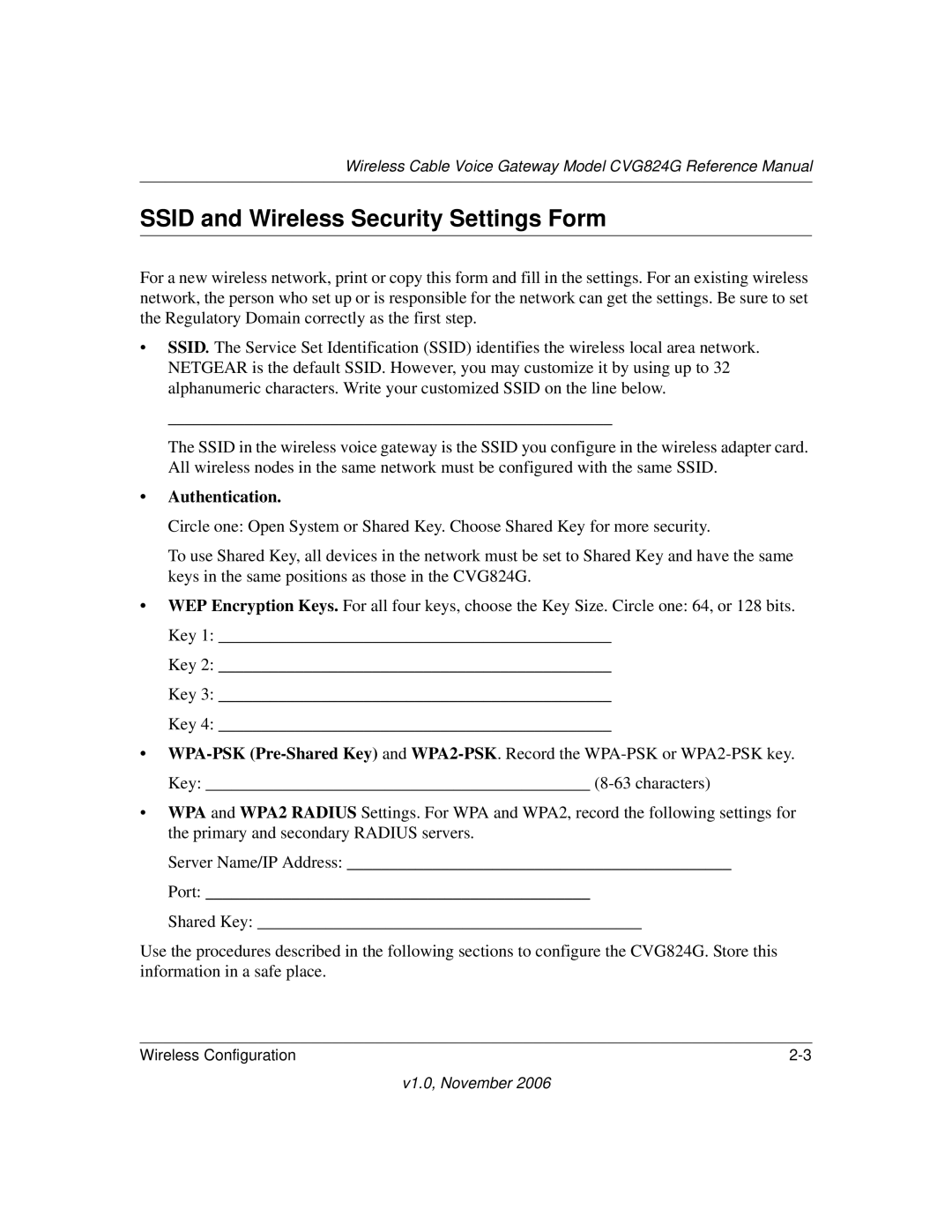 NETGEAR CVG824G manual Ssid and Wireless Security Settings Form, Authentication 