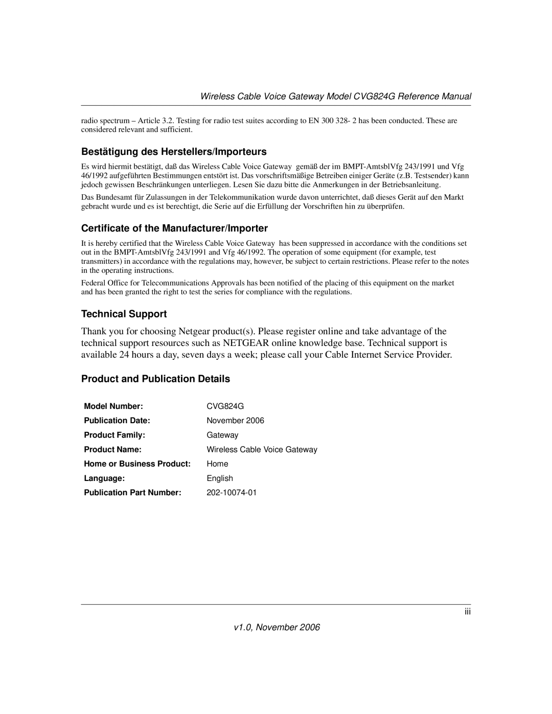 NETGEAR CVG824G manual Bestätigung des Herstellers/Importeurs 