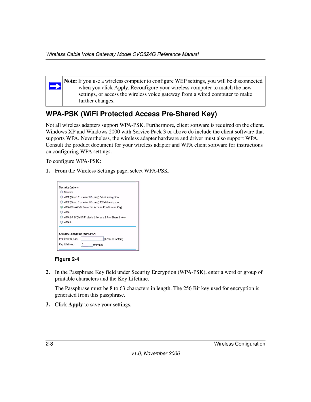 NETGEAR CVG824G manual WPA-PSK WiFi Protected Access Pre-Shared Key 