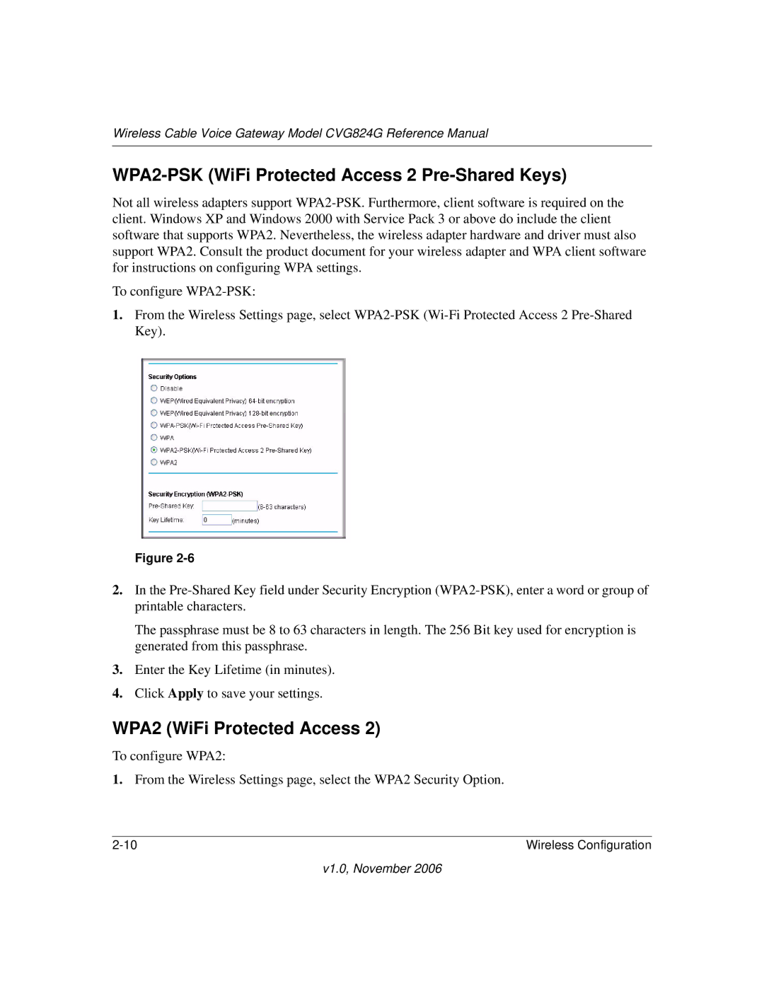 NETGEAR CVG824G manual WPA2-PSK WiFi Protected Access 2 Pre-Shared Keys, WPA2 WiFi Protected Access 