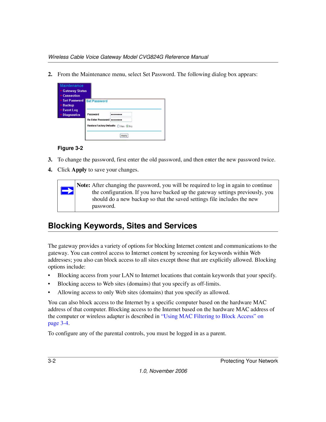 NETGEAR CVG824G manual Blocking Keywords, Sites and Services 