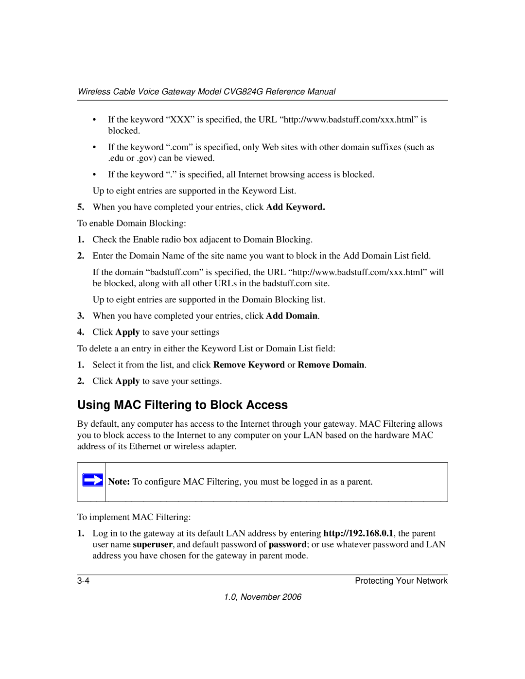 NETGEAR CVG824G manual Using MAC Filtering to Block Access 