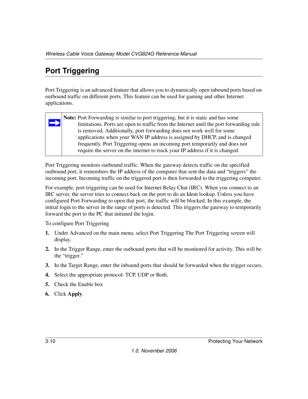 NETGEAR CVG824G manual Port Triggering 