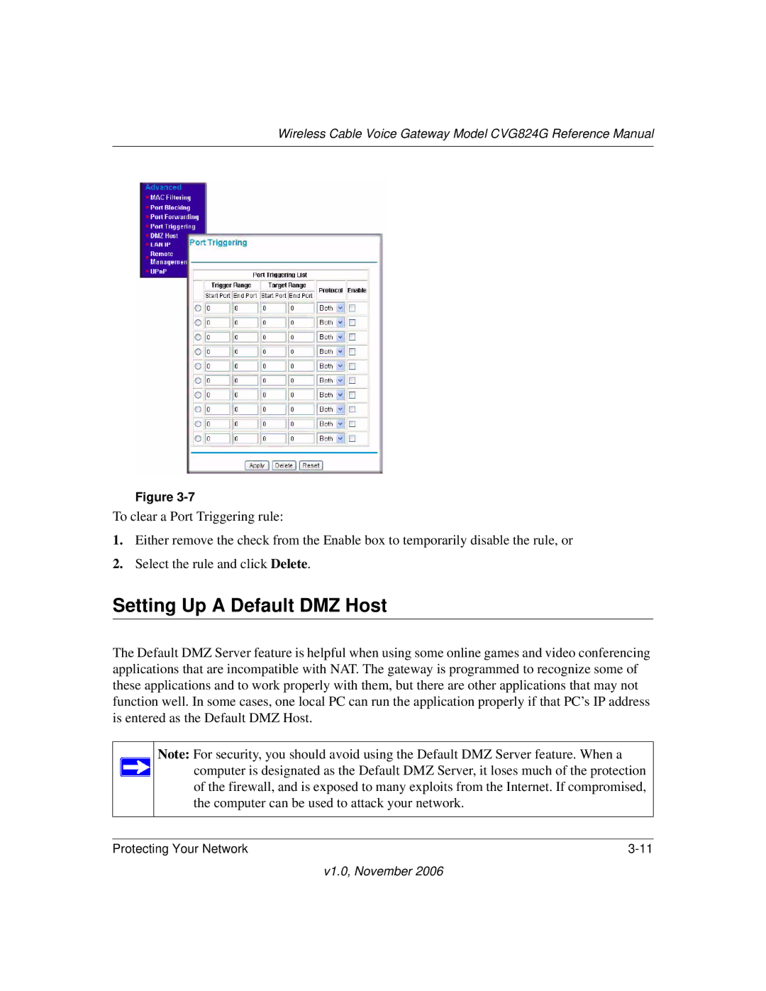 NETGEAR CVG824G manual Setting Up a Default DMZ Host 