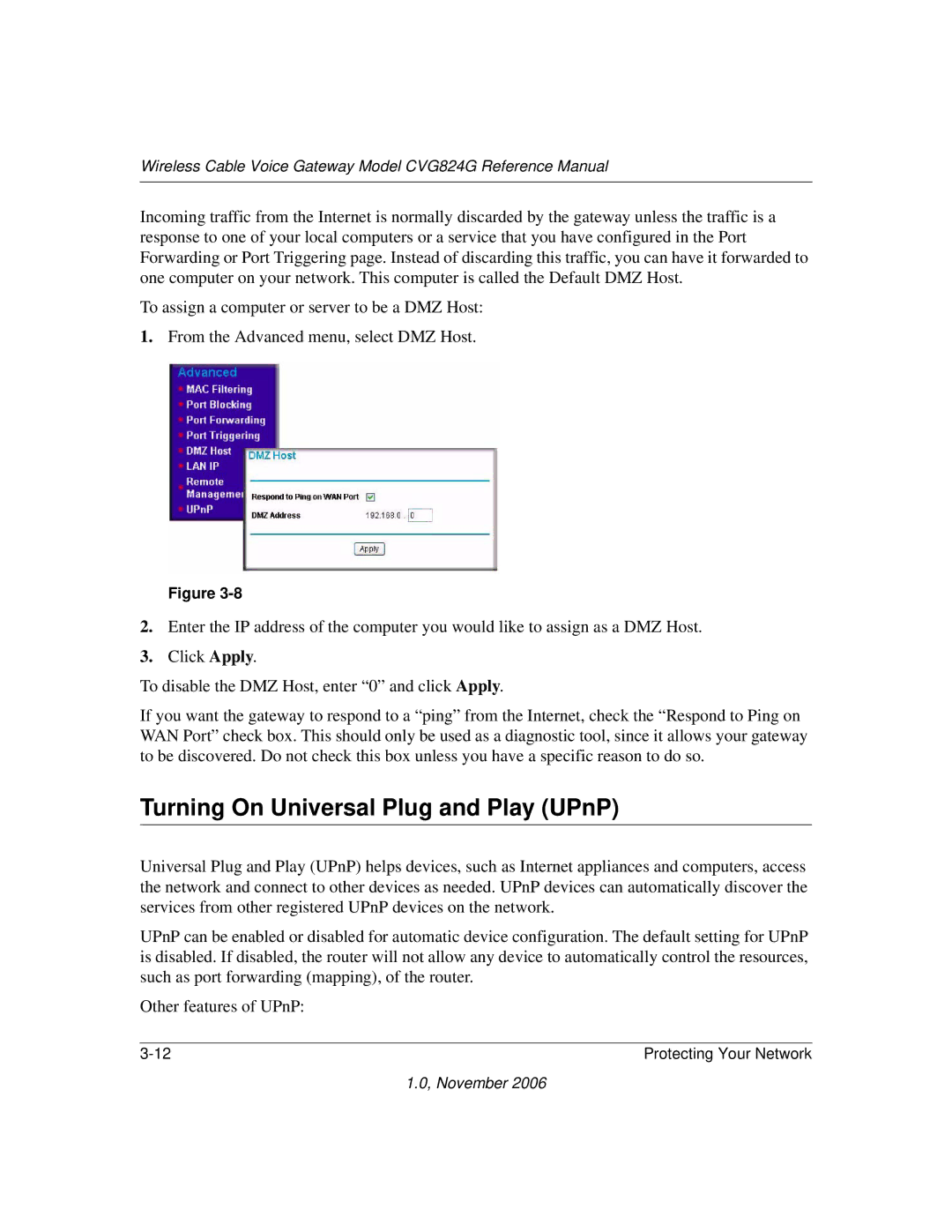 NETGEAR CVG824G manual Turning On Universal Plug and Play UPnP 