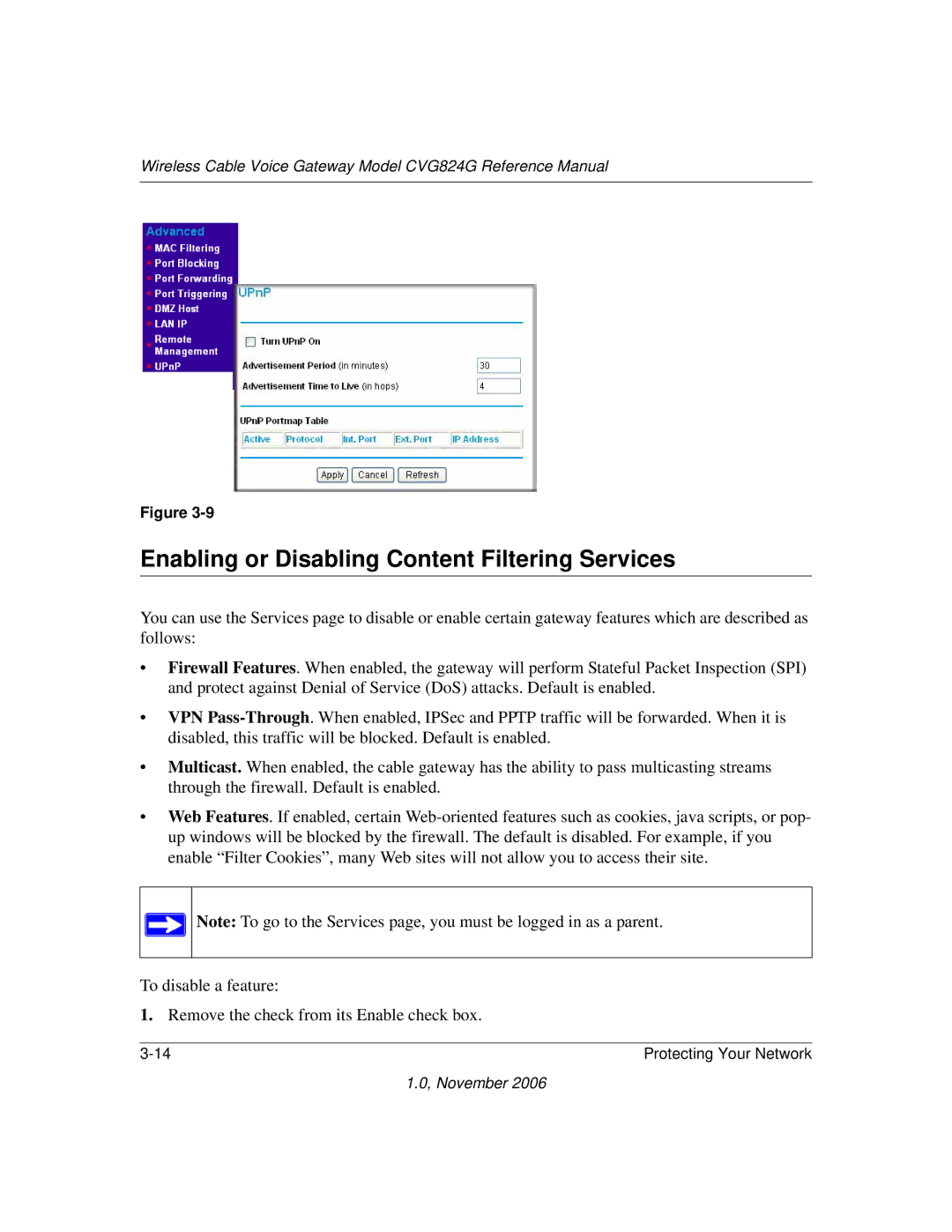 NETGEAR CVG824G manual Enabling or Disabling Content Filtering Services 