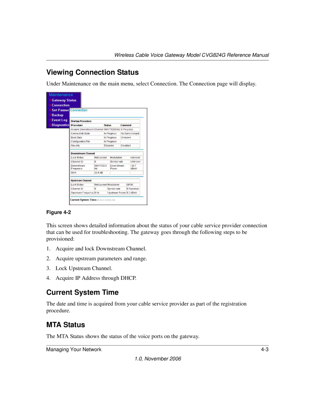 NETGEAR CVG824G manual Viewing Connection Status, Current System Time, MTA Status 