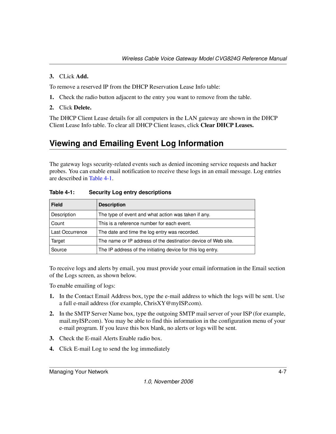 NETGEAR CVG824G manual Viewing and Emailing Event Log Information, Click Delete 