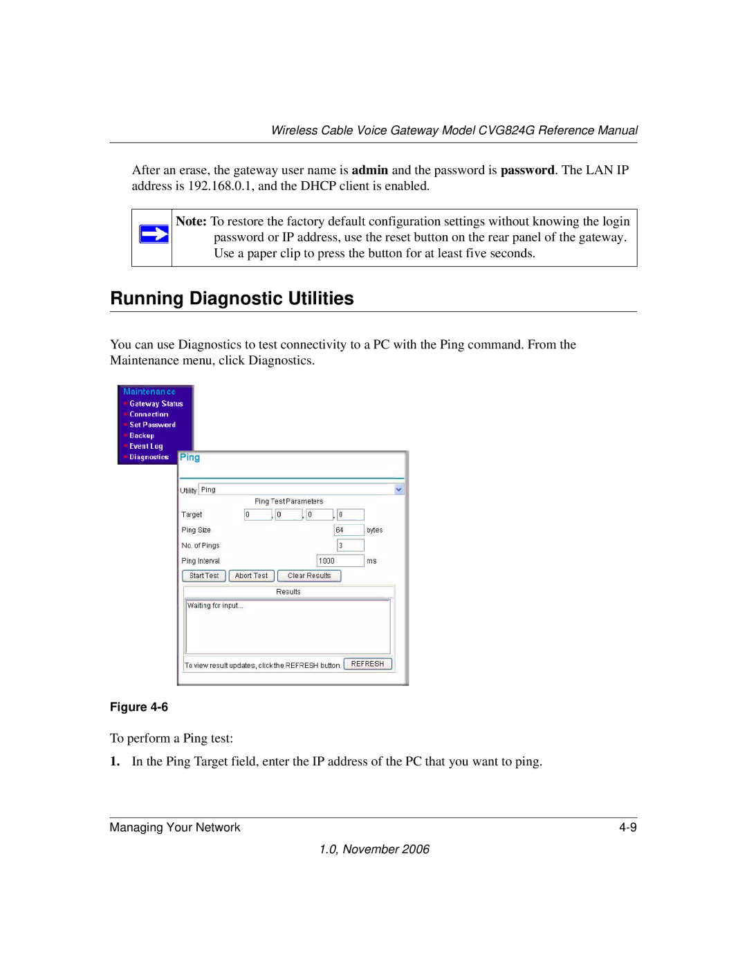 NETGEAR CVG824G manual Running Diagnostic Utilities 