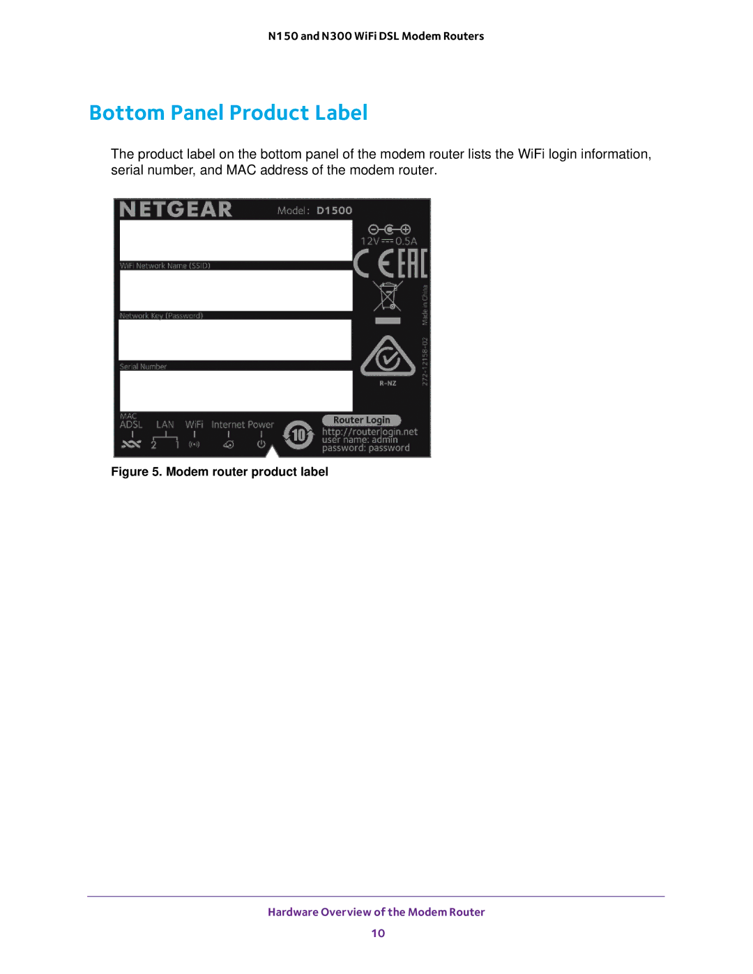 NETGEAR D500 and D1500 user manual Bottom Panel Product Label, Modem router product label 