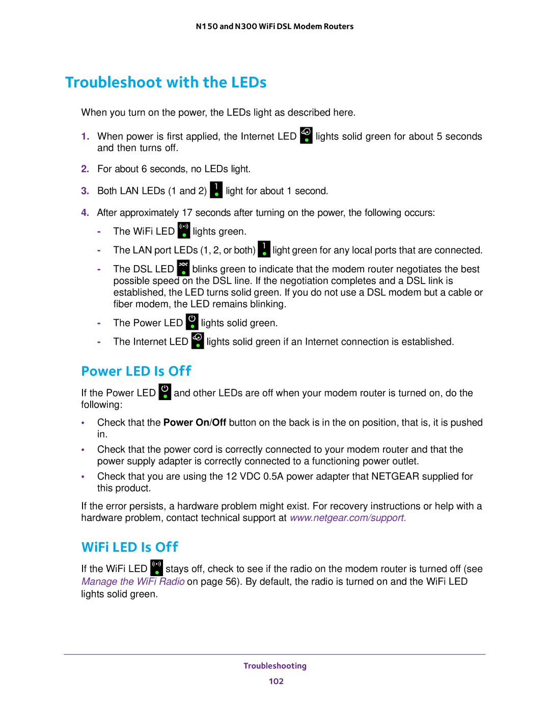 NETGEAR D500 and D1500 user manual Troubleshoot with the LEDs, Power LED Is Off, WiFi LED Is Off 