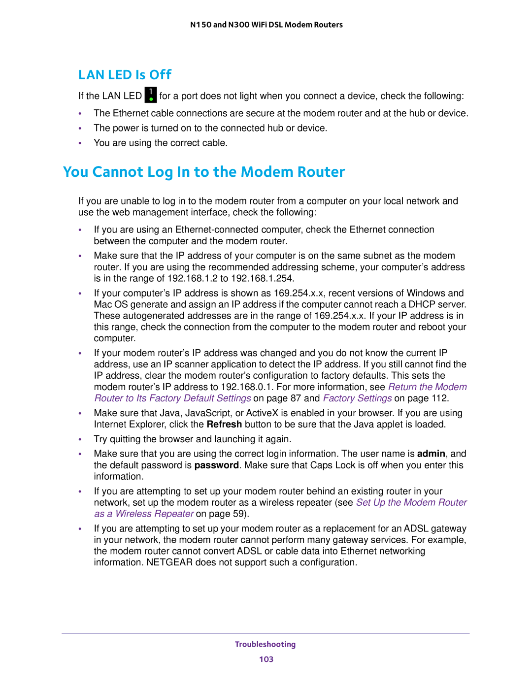 NETGEAR D500 and D1500 user manual You Cannot Log In to the Modem Router, LAN LED Is Off 