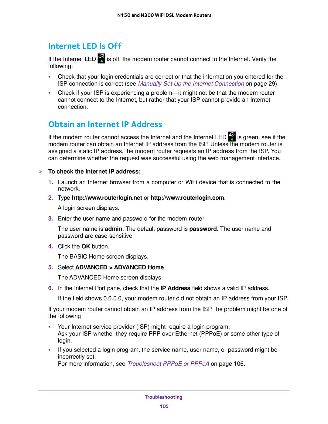 NETGEAR D500 and D1500 user manual Internet LED Is Off, Obtain an Internet IP Address,  To check the Internet IP address 