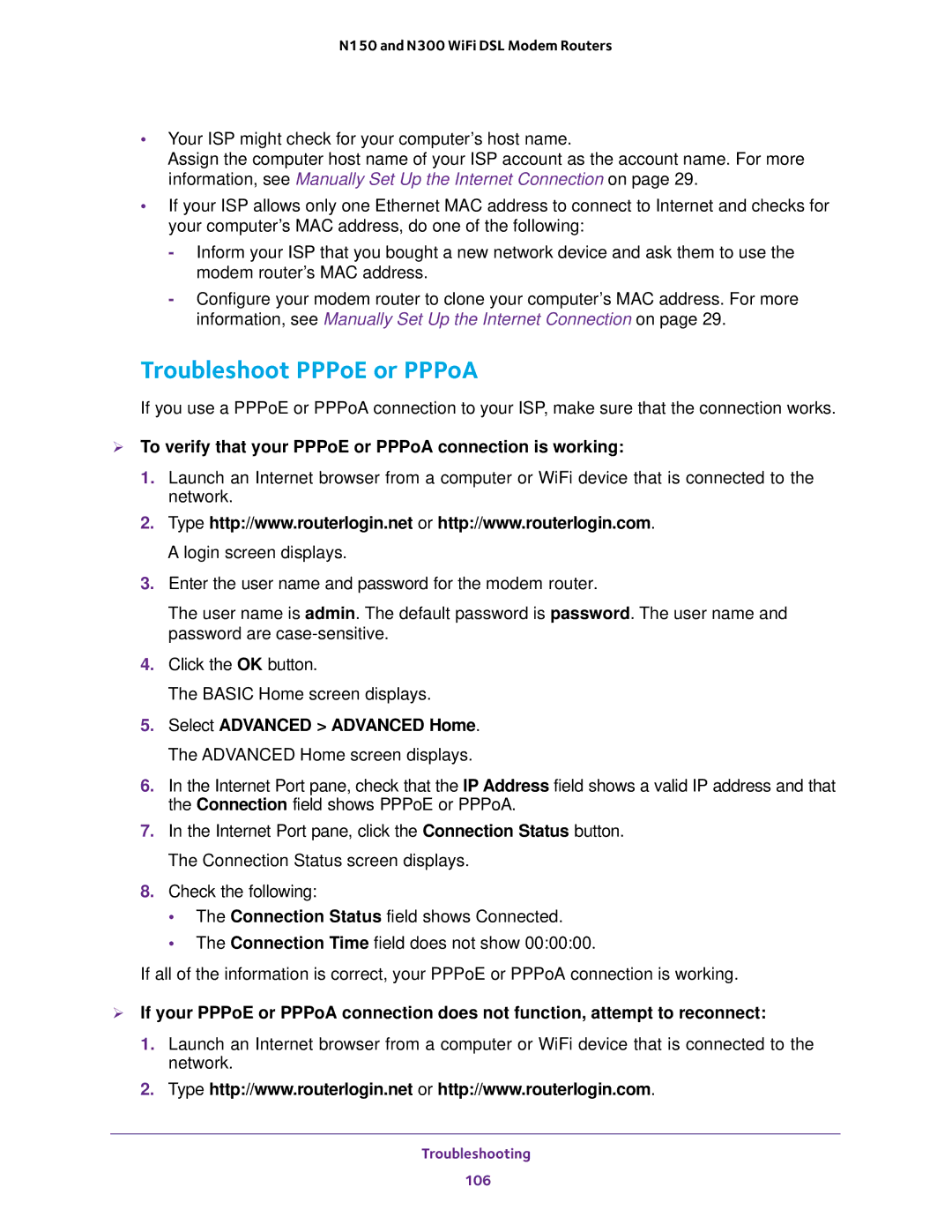 NETGEAR D500 and D1500 user manual Troubleshoot PPPoE or PPPoA,  To verify that your PPPoE or PPPoA connection is working 