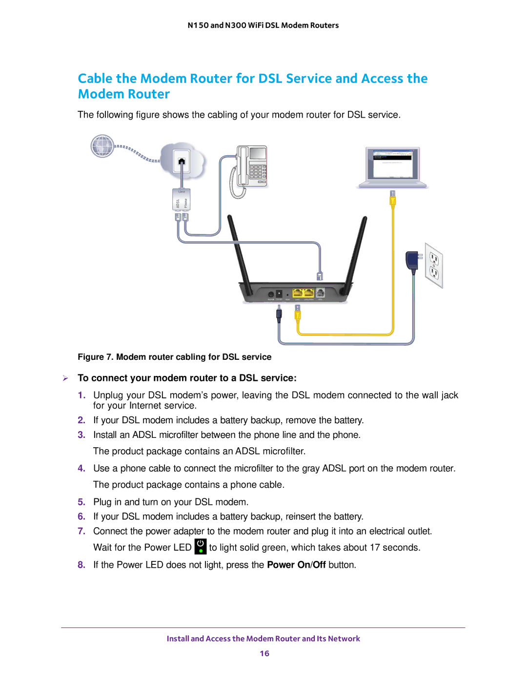 NETGEAR D500 and D1500 user manual  To connect your modem router to a DSL service, Modem router cabling for DSL service 