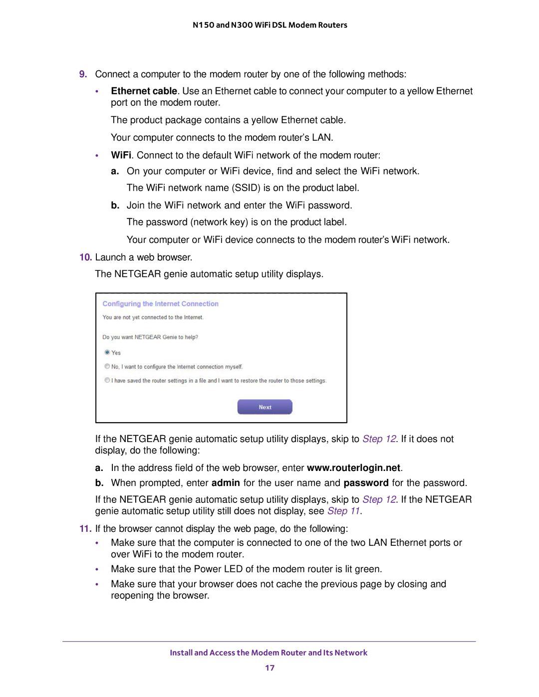 NETGEAR D500 and D1500 user manual Install and Access the Modem Router and Its Network 