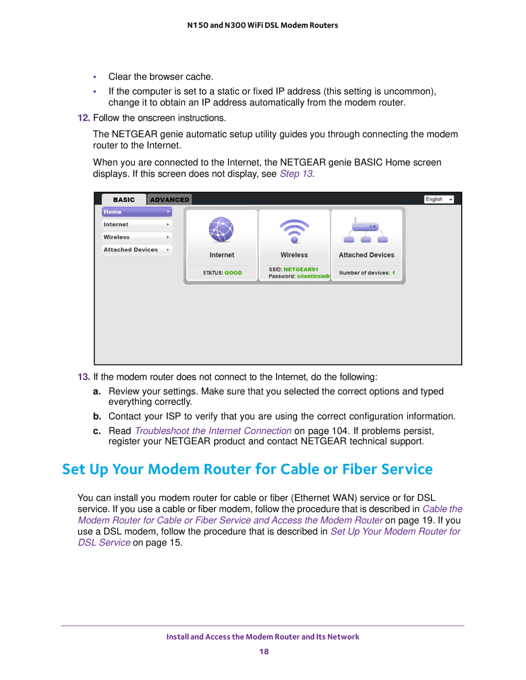 NETGEAR D500 and D1500 user manual Set Up Your Modem Router for Cable or Fiber Service 