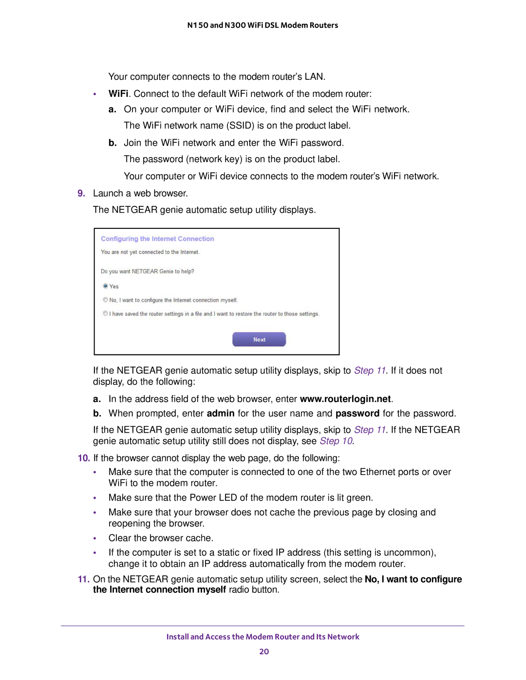 NETGEAR D500 and D1500 user manual Install and Access the Modem Router and Its Network 